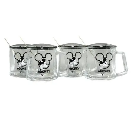 Tazas Mickey Mouse Vidrio Colección Disney C/tapa y Cucharita 335 ml 4pzas Bestseller
