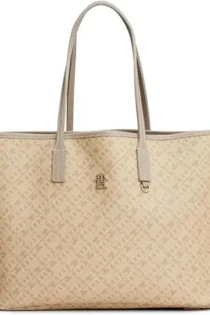 Tommy Hilfiger | Bolso Tote de Cuero con Monograma y Cremallera | Beige Top Qualità